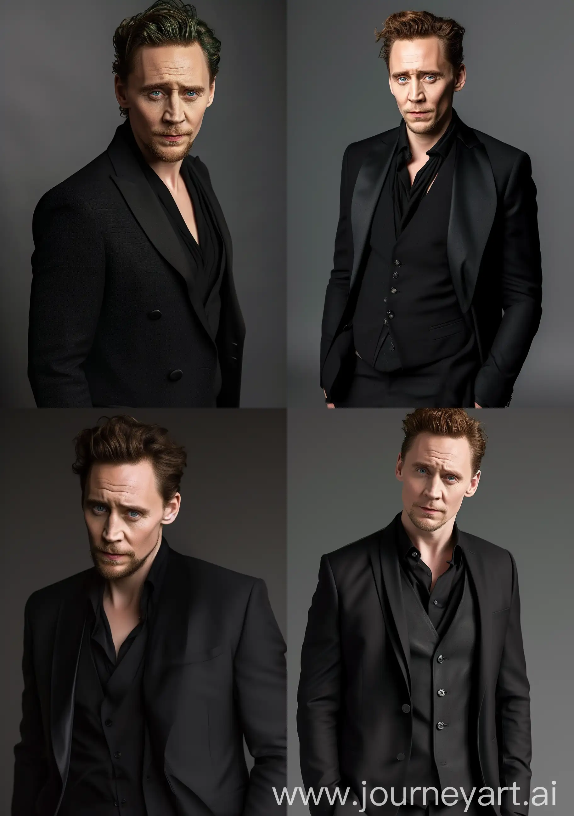 Tom Hiddleston wearing a black suit and looking at the camera real life --style raw --v 6 --ar 14:20 --q .25