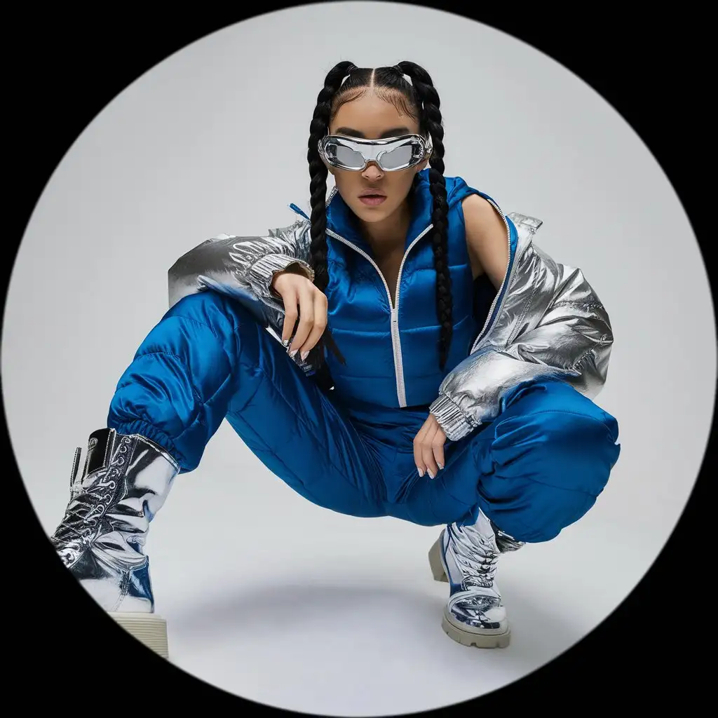 female with black braided hair, wearing puffy blue tracksuit & silver jacket, chrome wrap around sports sunglasses, y2k vibes, angle of shot is from below with a fisheye lens, long legs with boots on