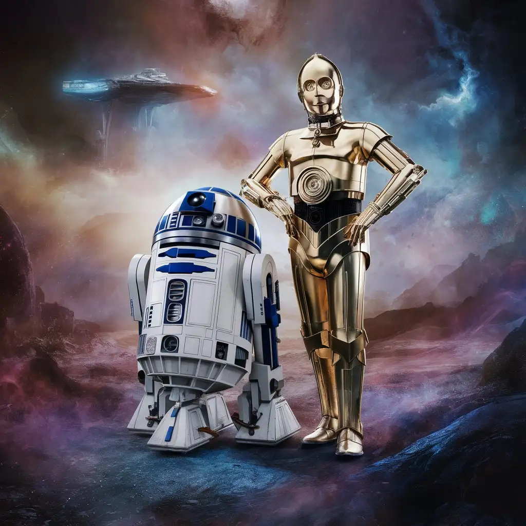 R2-D2 and C-3PO standing side-by-side, iconic characters from the Star Wars universe.