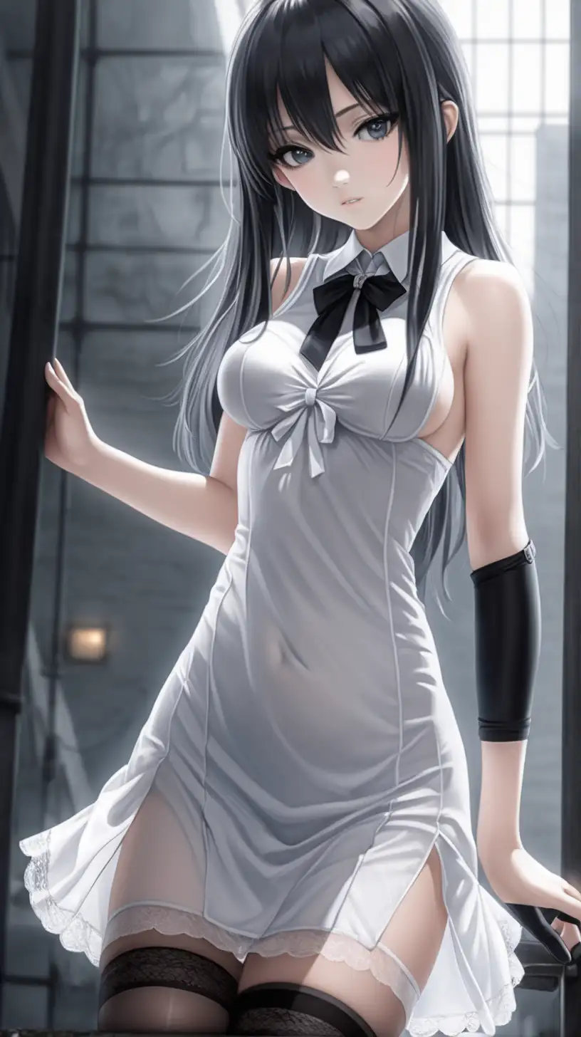 sexy anime style girl, white dress with black stockings, sfondo camera 
