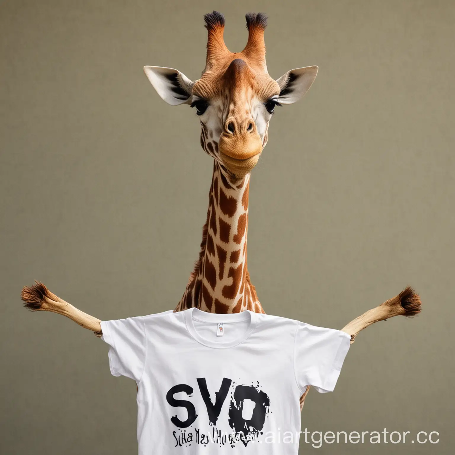 Жираф с футболкой на которой написанно SVO