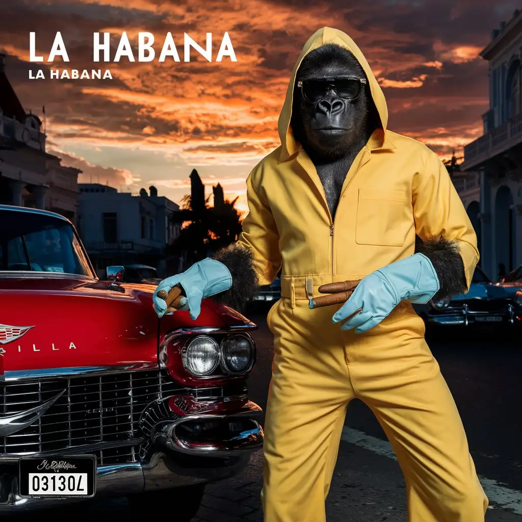 The gorilla is in La Habana, Cuba, it's sunset, and there's local architecture and vintage Cadillac cars.  The gorilla wears dark sunglasses  and a yellow jumpsuit like the one in the Breaking Bad series. His head is covered by the yellow hood. His hands are covered with light blue latex gloves. .He is standing next to a red cadillac car smoking a cuban cigar. low angle  camera view. movement. Sky orange violet sunset afternoon.