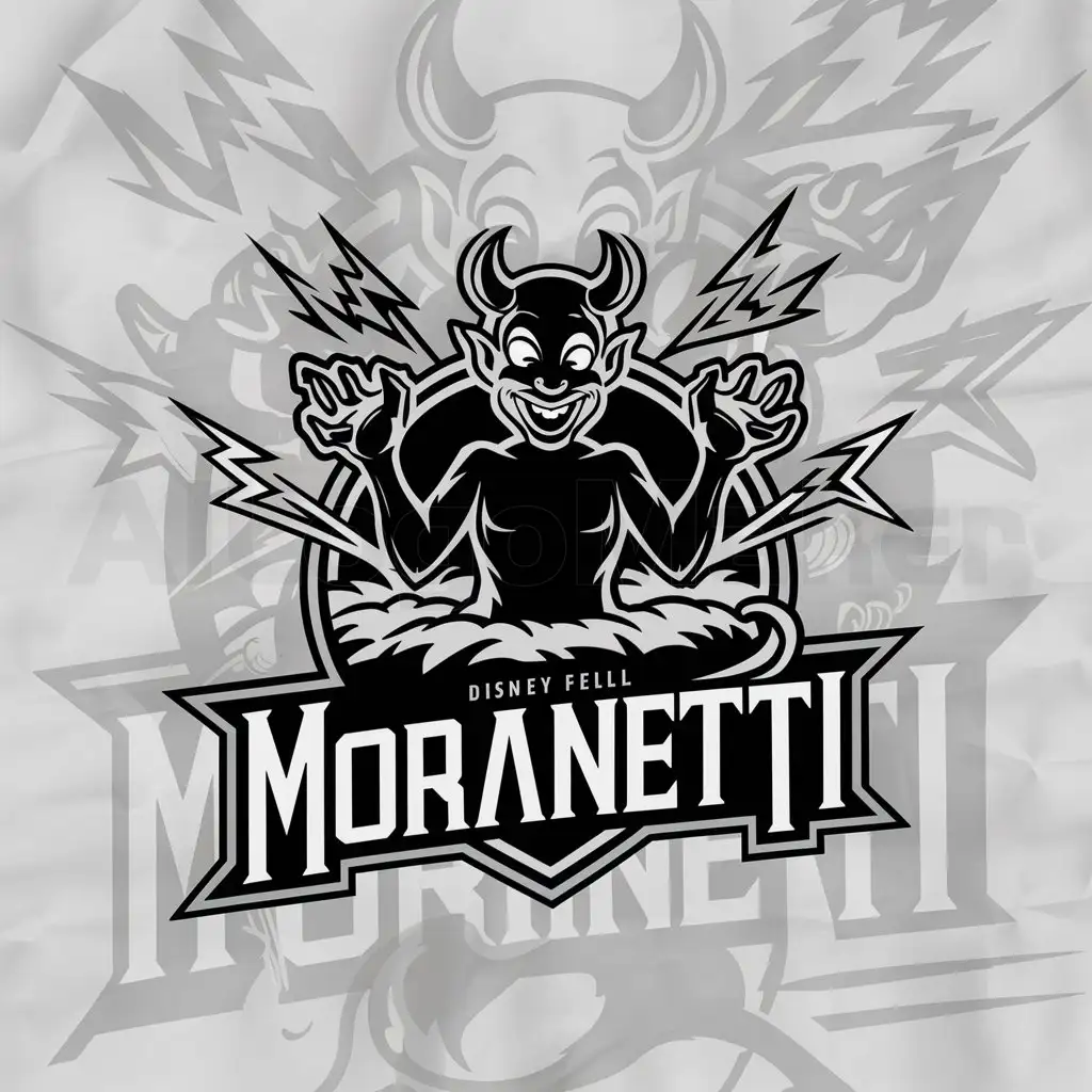 a logo design,with the text "Moranetti", main symbol:Devil from Hell in the form of Disney, lightning bolts are flying around him and he looks evil,complex,be used in Entertainment industry,clear background