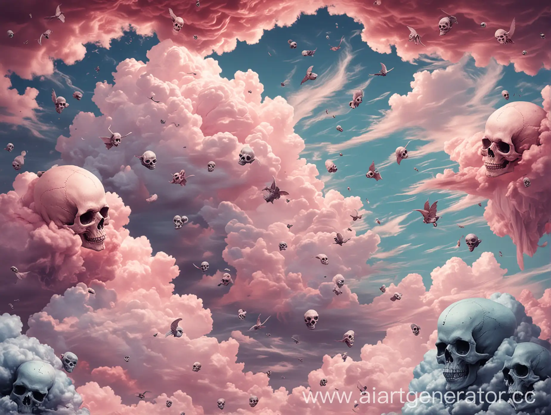 нежно розово-голубые облака с черепами фон 

