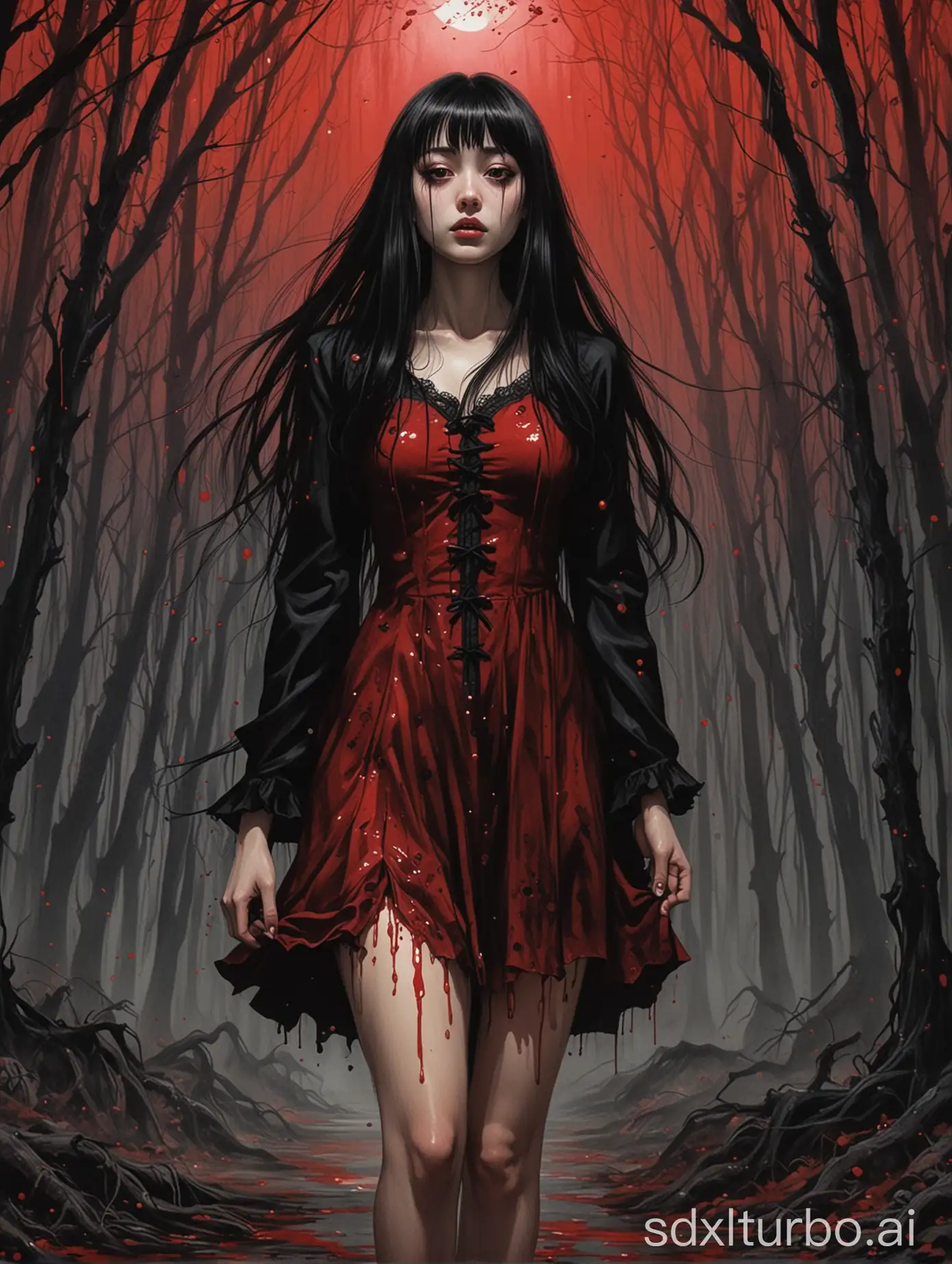 Eerie-Horror-Scene-Girl-with-Black-Hair-in-Red-Dress-Amidst-Macabre-Landscape