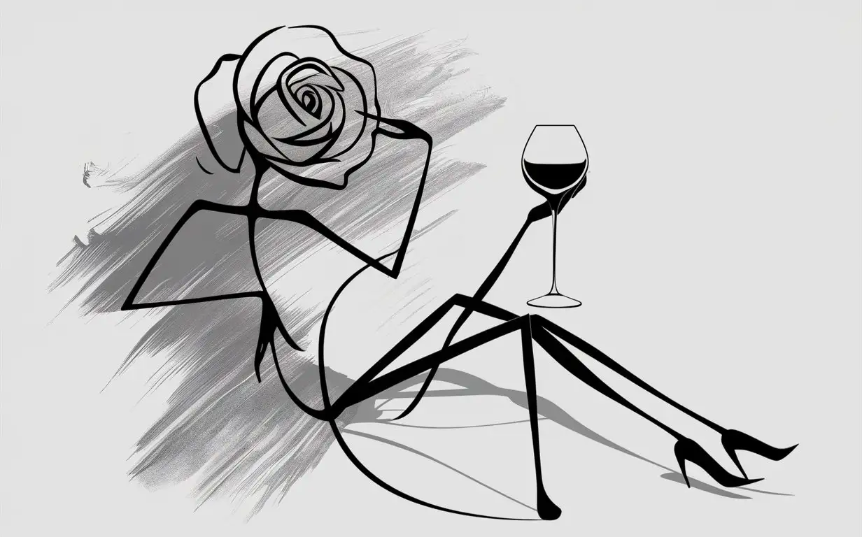 from smudges and shading emerges an abstract figure study, posed, stick figure rose, with a full open blossom, drinking wine, against a white background, in the vector illustrations style with flat design, minimalism, clean lines, at high resolution with high detail