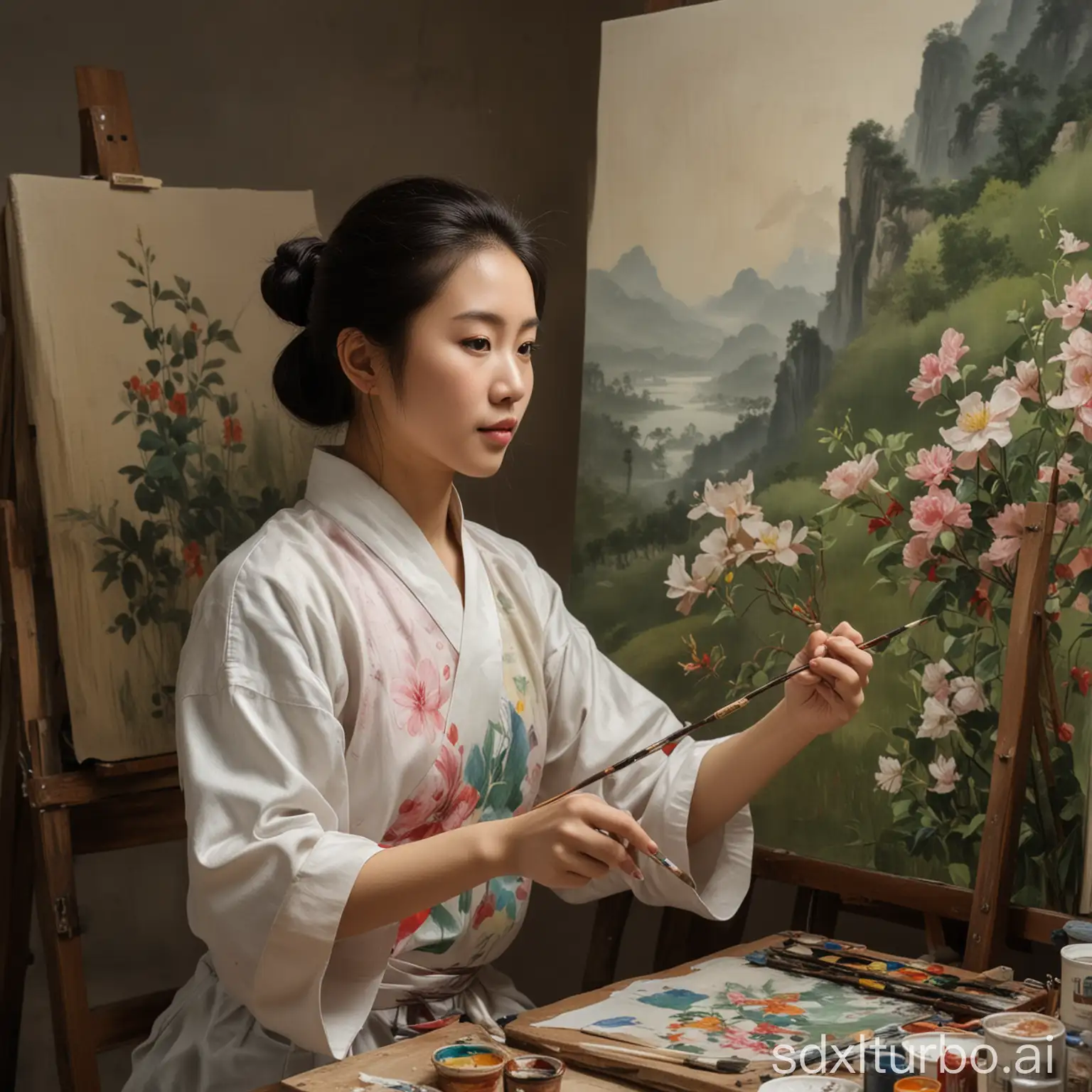 a Chinese female painter is working on an oil painting