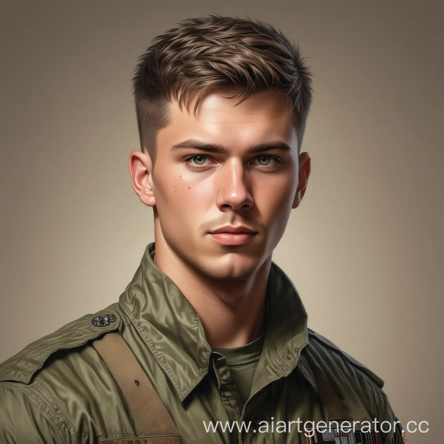 Рисунок в реализме, парень в военной форме, коротко подстрижен, подкаченый, в армейском желете, 