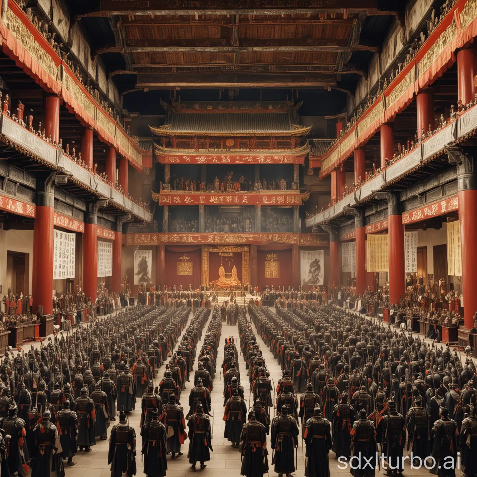 Three Kingdoms period, magnificent main hall, solemn Cao Cao, many officials