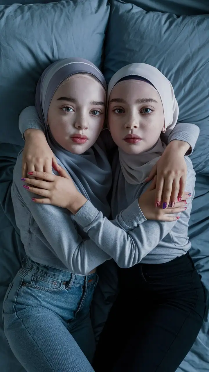 2 little porcelain skin girl.  14 years old. They wear a modern hijab, skinny jeans.
They are beautiful. They lie on the bed. well-groomed, turkish, quality face, plump lips.
Bird's eye view, top view, serious face, hugs. nail polish. 