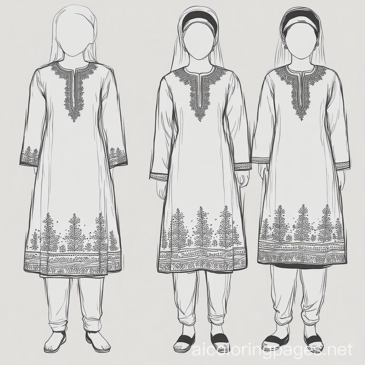 Indian and Pakistani Dress Outline salwar kameez, Coloring Page, black and white, line art, white background, Simplicity, Ample White Space. The background of the coloring page is plain white to make it easy for young children to color within the lines. The outlines of all the subjects are easy to distinguish, making it simple for kids to color without too much difficulty