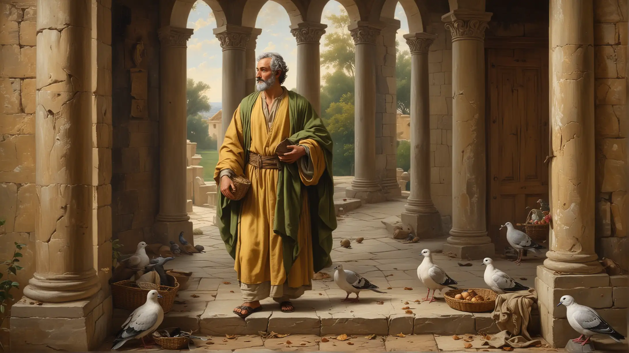 The painting depicts Saint Joseph. The scene is set within the temple, suggested by the arched stone doorway and the worn stone walls.

Central Figure

Saint Joseph: We are seeing the left-side-view of Saint Joseph who is a very handsome young man in his early thirties with short black curly hair and a short black beard, standing wearing sandals, wearing a dark yellow mantle over a green robe. He holds two turtledoves in a new low wicker basket in one hand and leaning against a long walking-staff which he is holding in the other hand.

Additional Details: 
The Temple Setting: The background features a group of men, possibly other priests or Levites, observing the event. The warm, earthy tones of the painting and the play of light and shadow create a sense of solemnity and reverence.
Symbolism:  The turtledoves held by Joseph symbolize sacrifice and purification.
Overall Impression:

The painting captures the emotional intensity and spiritual significance of the subject The expression of the figure, the symbolism, and the setting all contribute to a powerful depiction of this pivotal event.