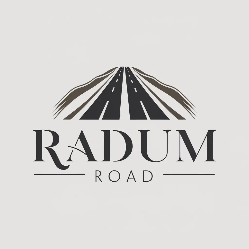 a logo design,with the text "RADUM ROAD", main symbol:Two Highways are connecting to each other in the distance and it looks like that they are making letter M,complex,clear background