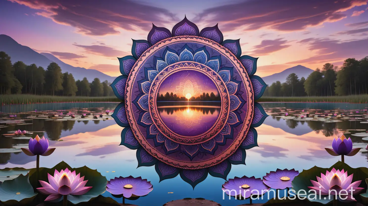 Magic Sunset Indian Mandala Reflecting in Lotus Lake