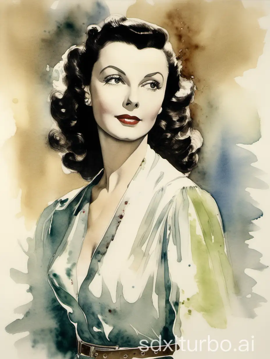 The watercolor half-length portrait of Vivien Leigh wearing a transparent belt, by artist Charles Reid using hollow strokes, as if done with dry and fast brush .  The painting is rendered on very rough watercolor paper.    It combines the techniques of watercolor and light wash to create a subtle yet enigmatic expression on Vivien Leigh's face, with a hint of a smile.  The portrait and background features distinct and natural water stains, leaving some areas blank.