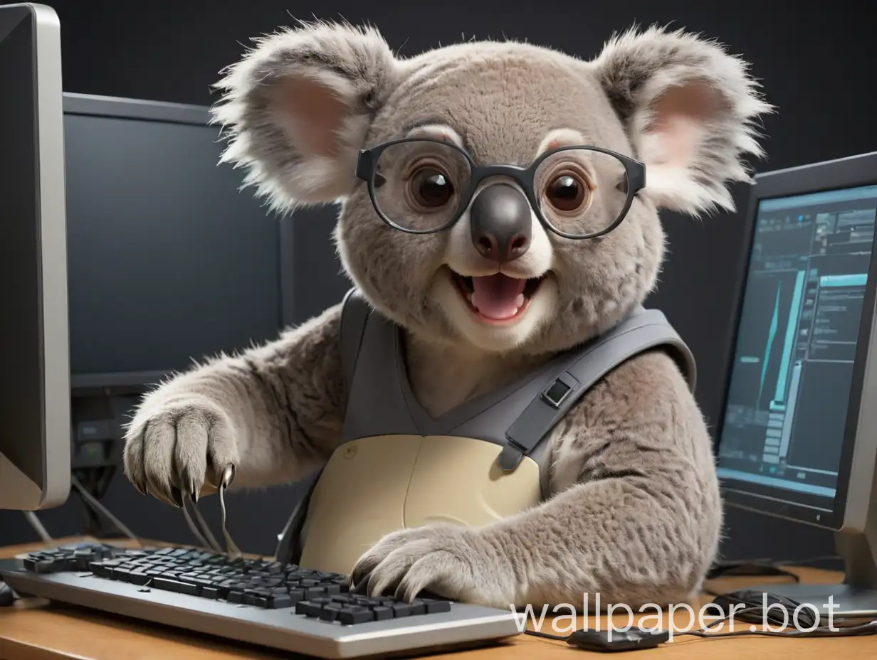 nerdy koala operating a computer
