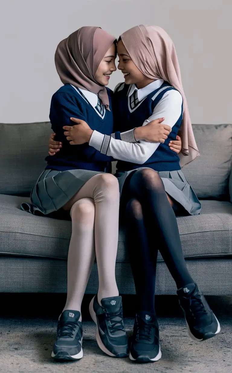 Two 13 years olds girls. They wear a school skirt, tight blouse, black opaque tights, sport shoes.
They are petite, beautiful, elegant.  
Sits on the sofa. Crossed legs
One girl wears a hijab. Hugs