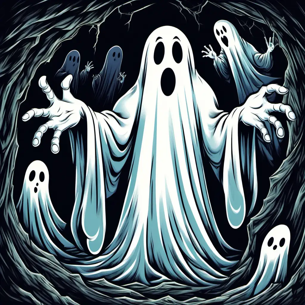 a ghost that looks like the Casper, but more adult and unseen face, his hand is trying to scare you