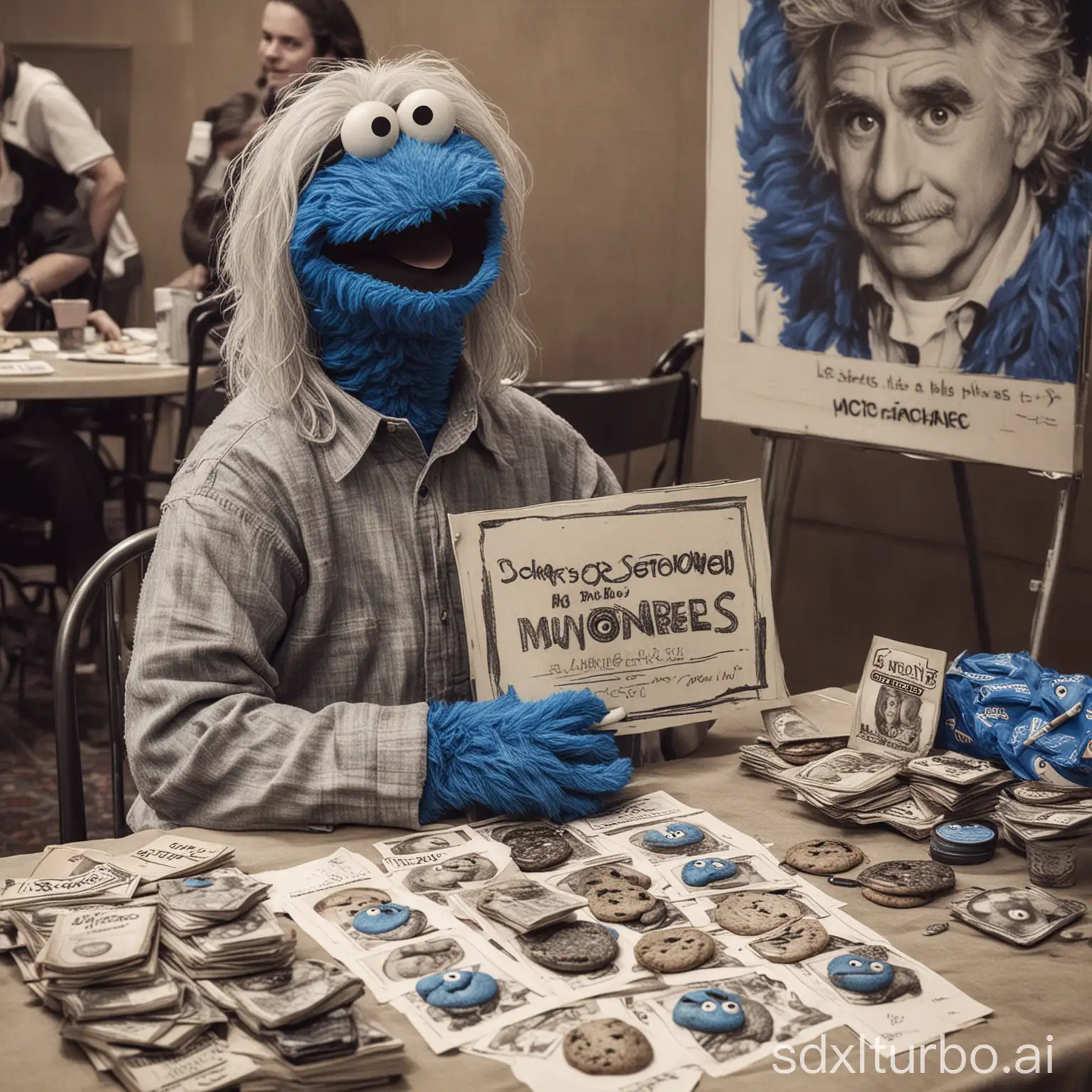 Hyperrealistic photo of older, gray hair, heavier Cookie Monster. He is at a table selling autographed photos of his younger self at a poorly attended fan convention. There are sharpies, money and a sign for autographs on the table. Bg is Sesame Street themed and its characters.
