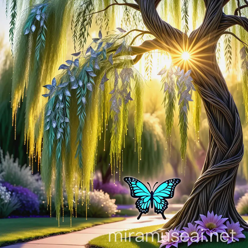 Enchanting Weeping Willow Tree with Filigree Butterfly and Glowing Sunlight