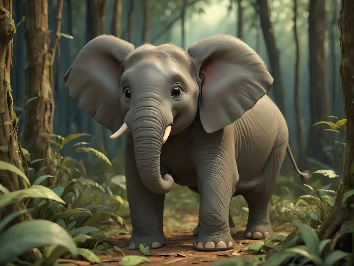 young elephant, background look a deep forest, 3d disney inspire, 3d disney inspire