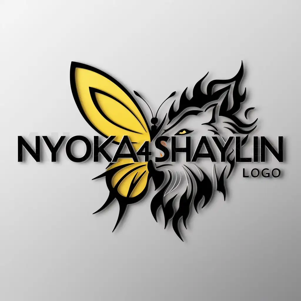 a logo design,with the text "Nyoka 4 Shaylin", main symbol:Yellow Butterfly and fire ice wolf in black background,complex,be used in 0 industry,clear background