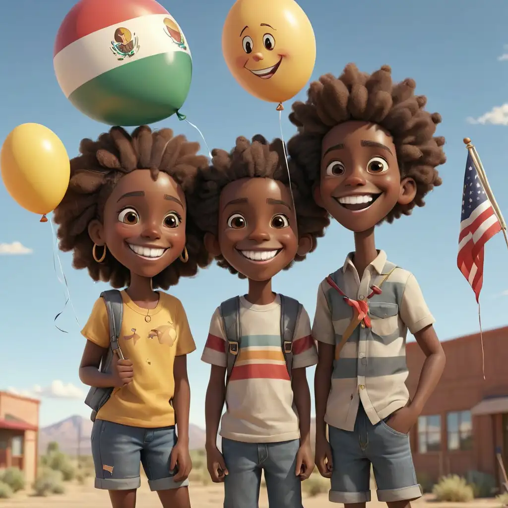 Joyful African American Characters Celebrating with Balloon and Flag in New Mexico