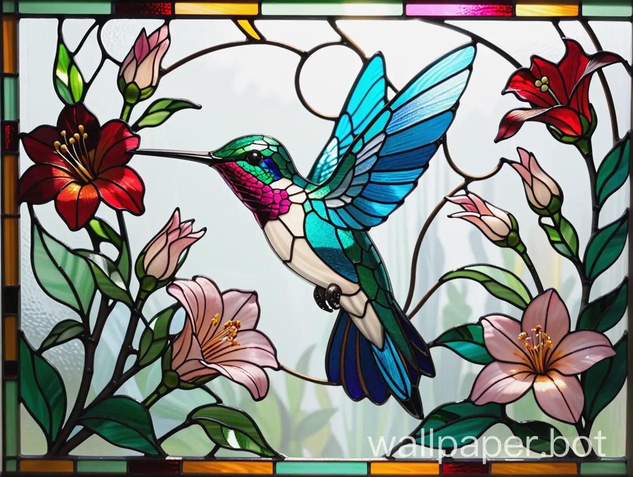 Stained glass without joints. One hummingbird and flowers.