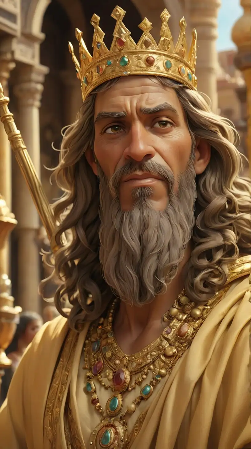 Prompt: A photorealistic portrait of King Solomon, adorned in opulent golden robes and a jeweled crown.  He holds a golden staff inlaid with precious stones, and a faint smile plays on his lips.  In the background, a bustling marketplace overflows with exotic goods – spices, silks, and sculptures made of ivory and ebony.  Golden sunlight bathes the scene, highlighting the wealth and prosperity of King Solomon's reign.