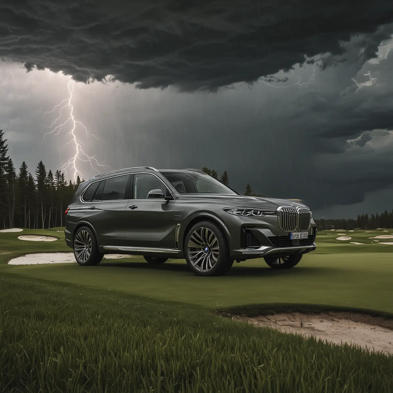 BMW X7 on a golf course with thunderstorm