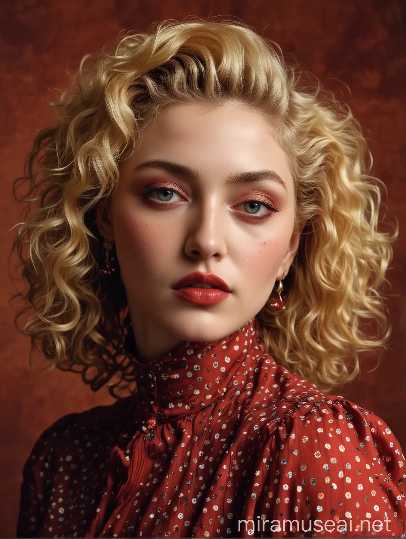 Ethereal Madonna Portrait Vibrant Blonde Bold Red Lips Vintage Polka Dots