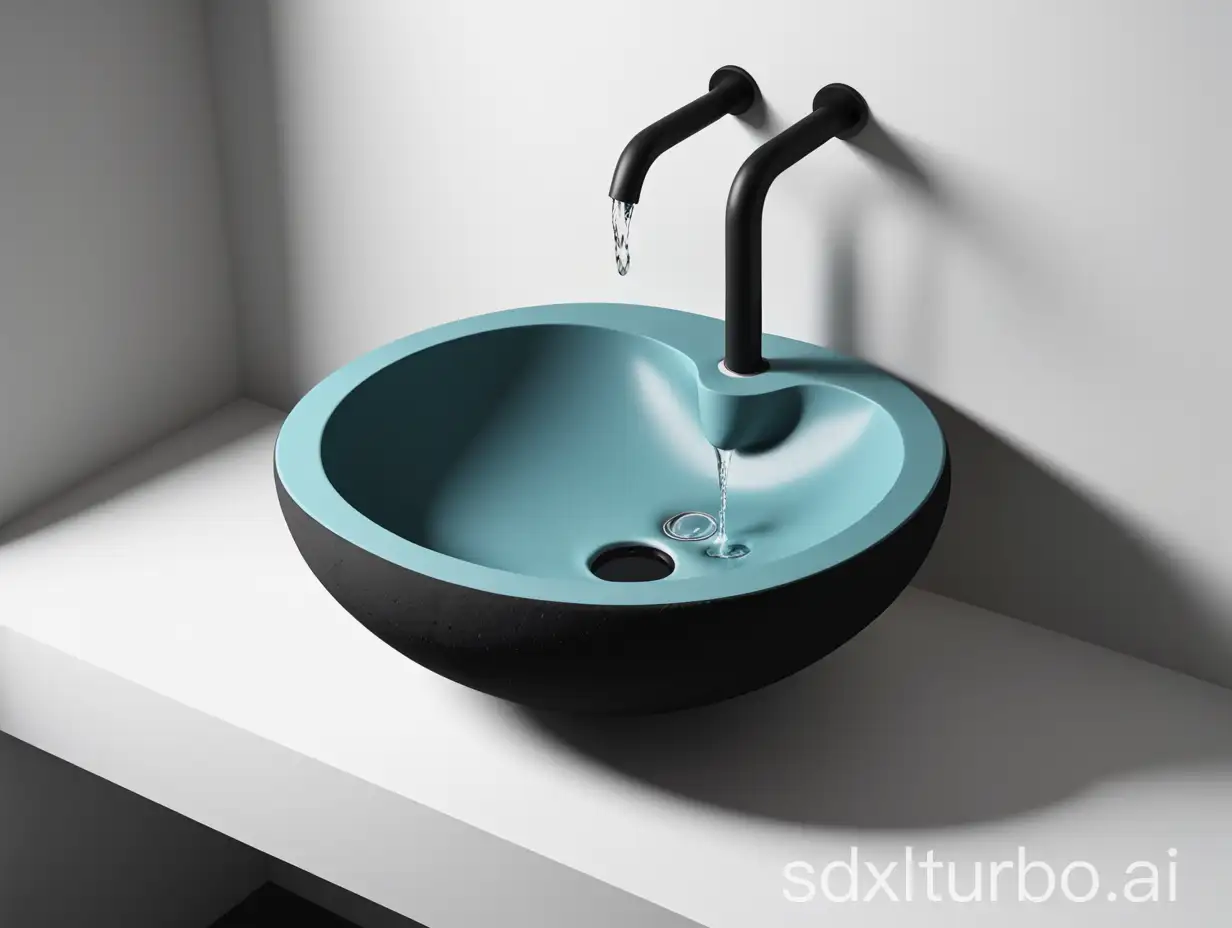 Help me design a sustainable handbasin, this handbasin uses a material similar to ceramics, while the bottom of the handbasin uses a substance similar to rubber, it can realize the expectation of water-saving by changing the shape of the rubber at the bottom of the handbasin, so as to change the capacity of the handbasin