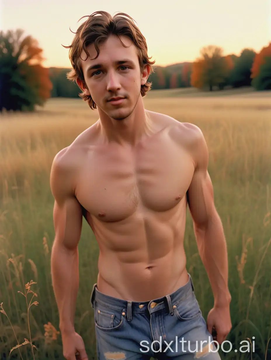 youthful fit and built Adonis-like Sam Huntington, with hairy chest and eight pack abs shirtless in vintage ripped jeans, in a midwestern meadow during fall at sunset, vibrant volumetric lighting on face and eyes, medium upper body shot, 16k, very high quality, very high resolution, 35mm camera, Adonis, nsfw, face and upper body portrait by Bruce Weber,