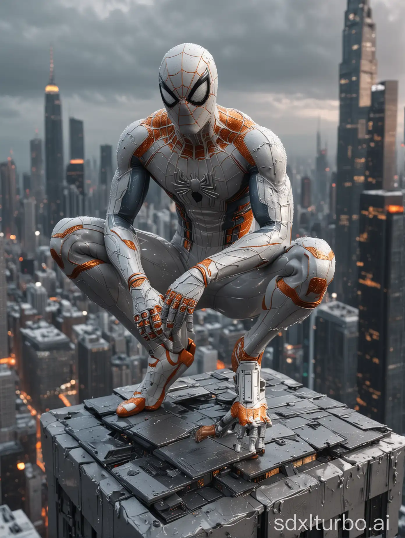 masterpiece, realistic image of spiderman dressed in white shinny robotic porcelain, perched on top of a skyscraper, twilight atmosphere, gray sky mixed with orange, very detailed, hyper realistic, photography, 8k resolution, after the rain fall