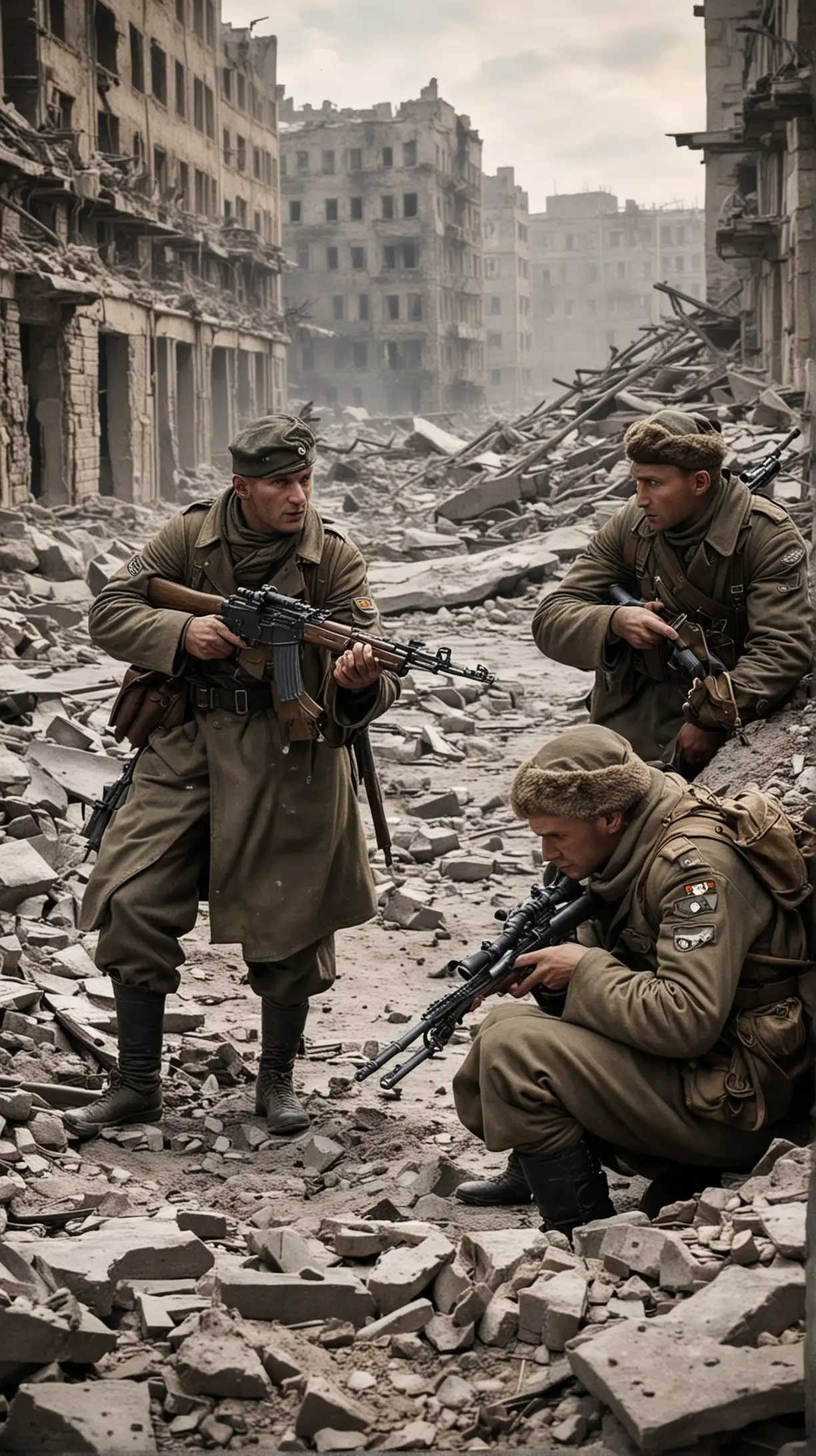 Sniper Duel": Depict a tense sniper duel in the ruins of Stalingrad. Show Soviet and German snipers taking cover amidst the rubble, aiming at each other with intense focus.