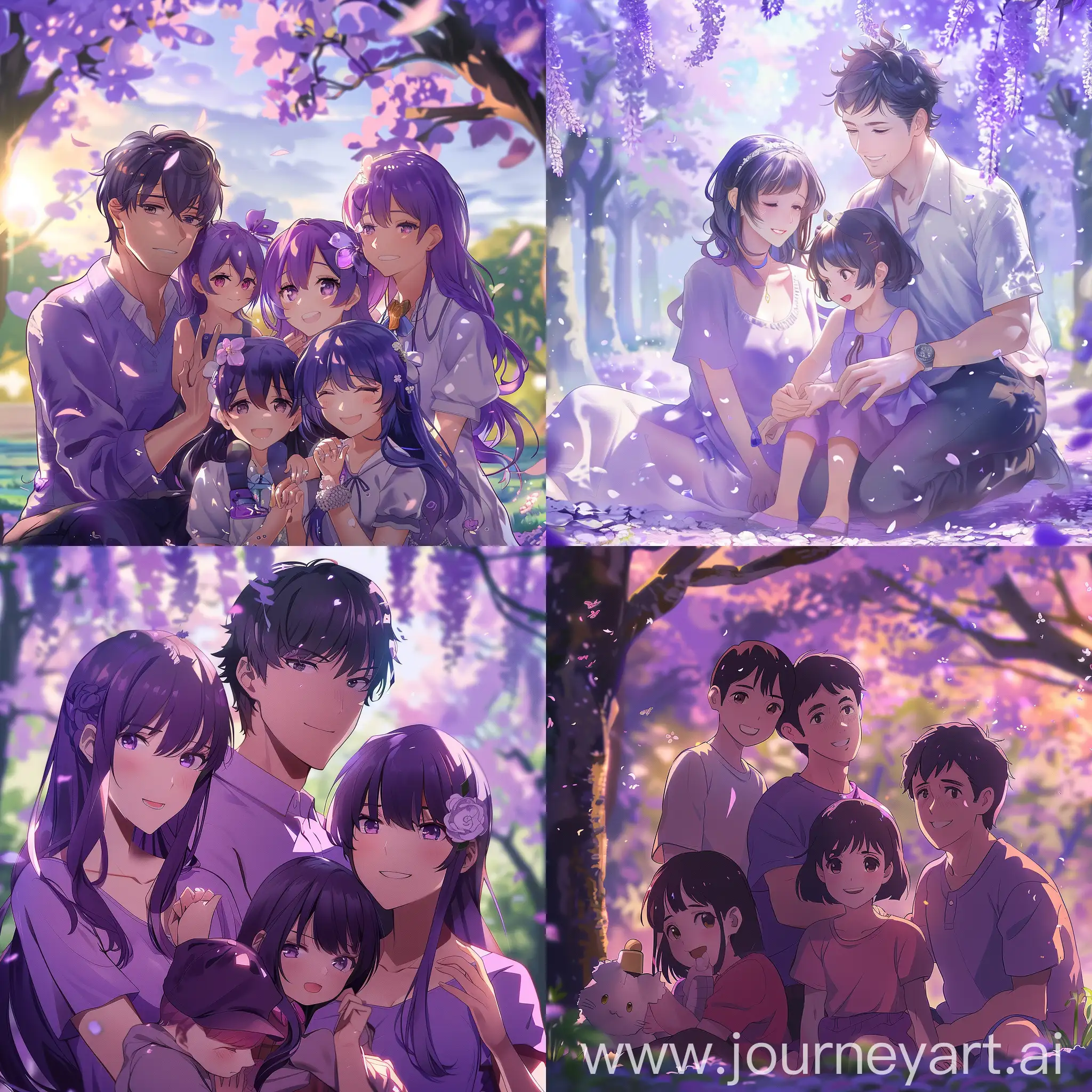 Спокойная семейная обстановка  где все такие счастливые , все в аниме стиле все очень красиво и фиолетово 4к full hd