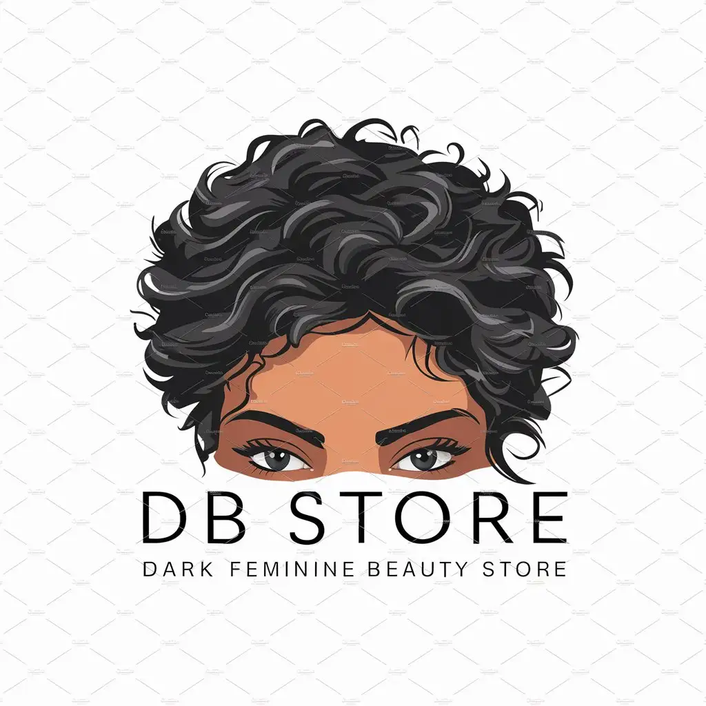 a logo design,with the text "DB Store", main symbol: Upper part of face hair forehead eyes of dark-skinned tanned curly Latin American woman, under eyes text "Dark Feminine Beauty Store",complex,be used in Beauty Spa industry,clear background