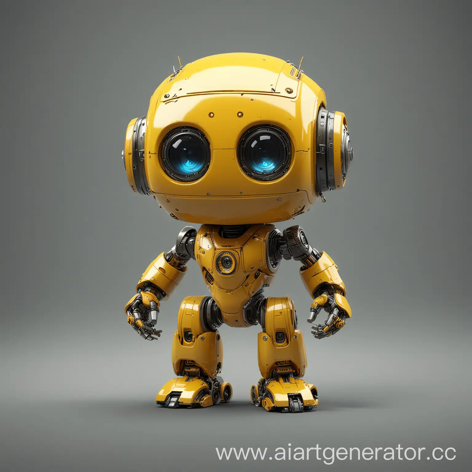 draw a yellow little robot of 8k quality in three quarters of a turn