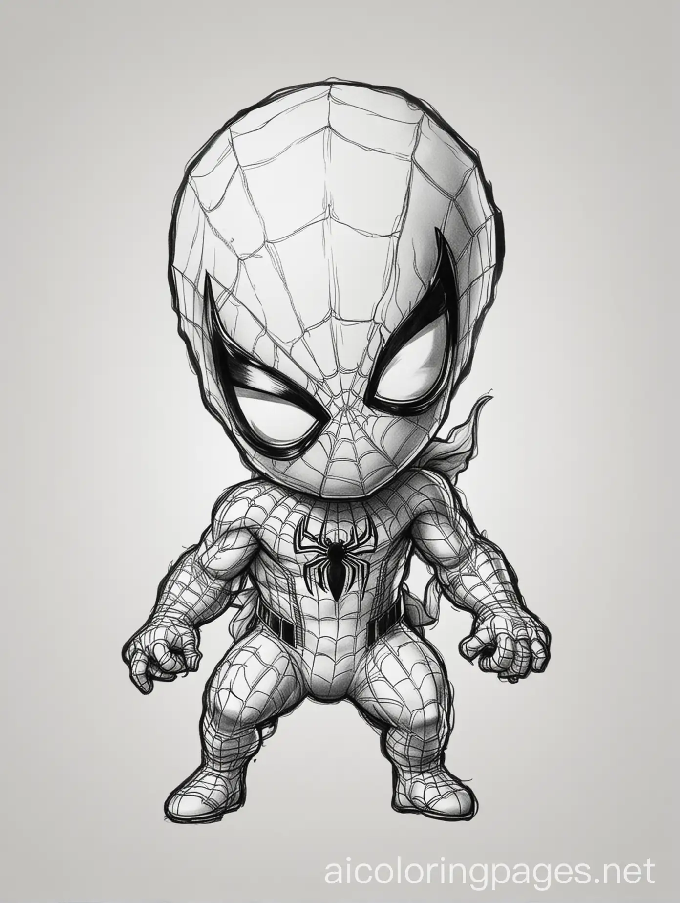 baby spider man a4 size, Coloring Page, black and white, line art, white background, Simplicity, Ample White Space. The background of the coloring page is plain white to make it easy for young children to color within the lines. The outlines of all the subjects are easy to distinguish, making it simple for kids to color without too much difficulty