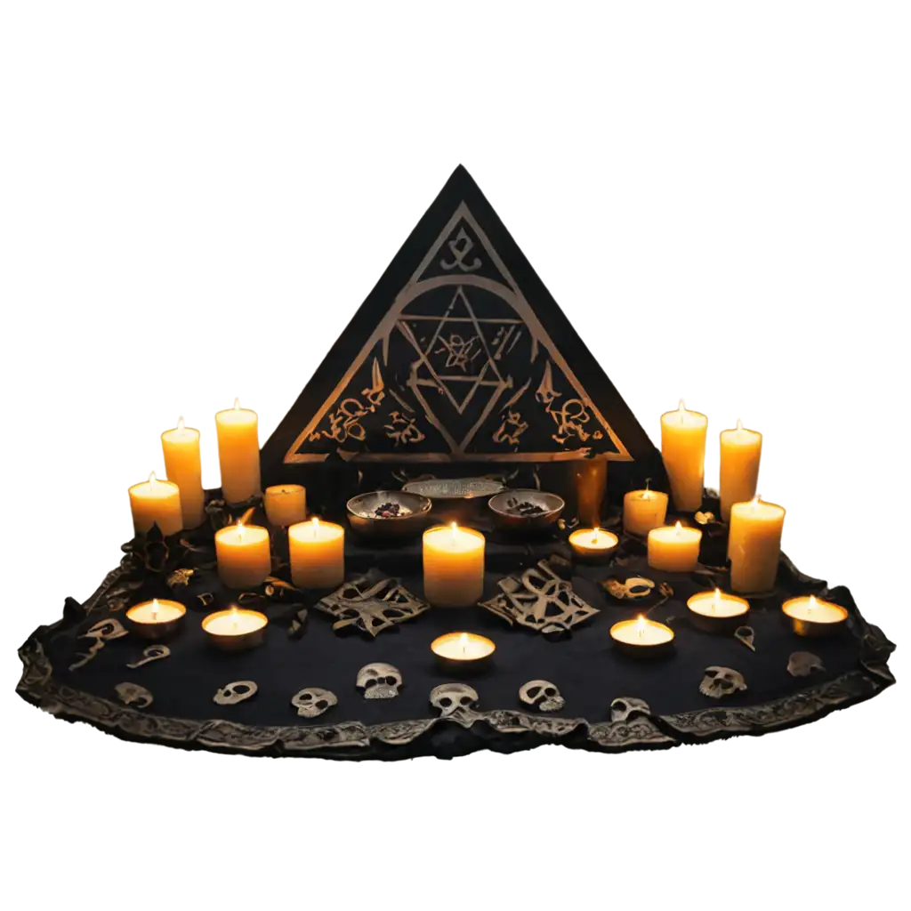 "A satanic altar adorned with skulls, candles, and pentagrams, shrouded in shadow."