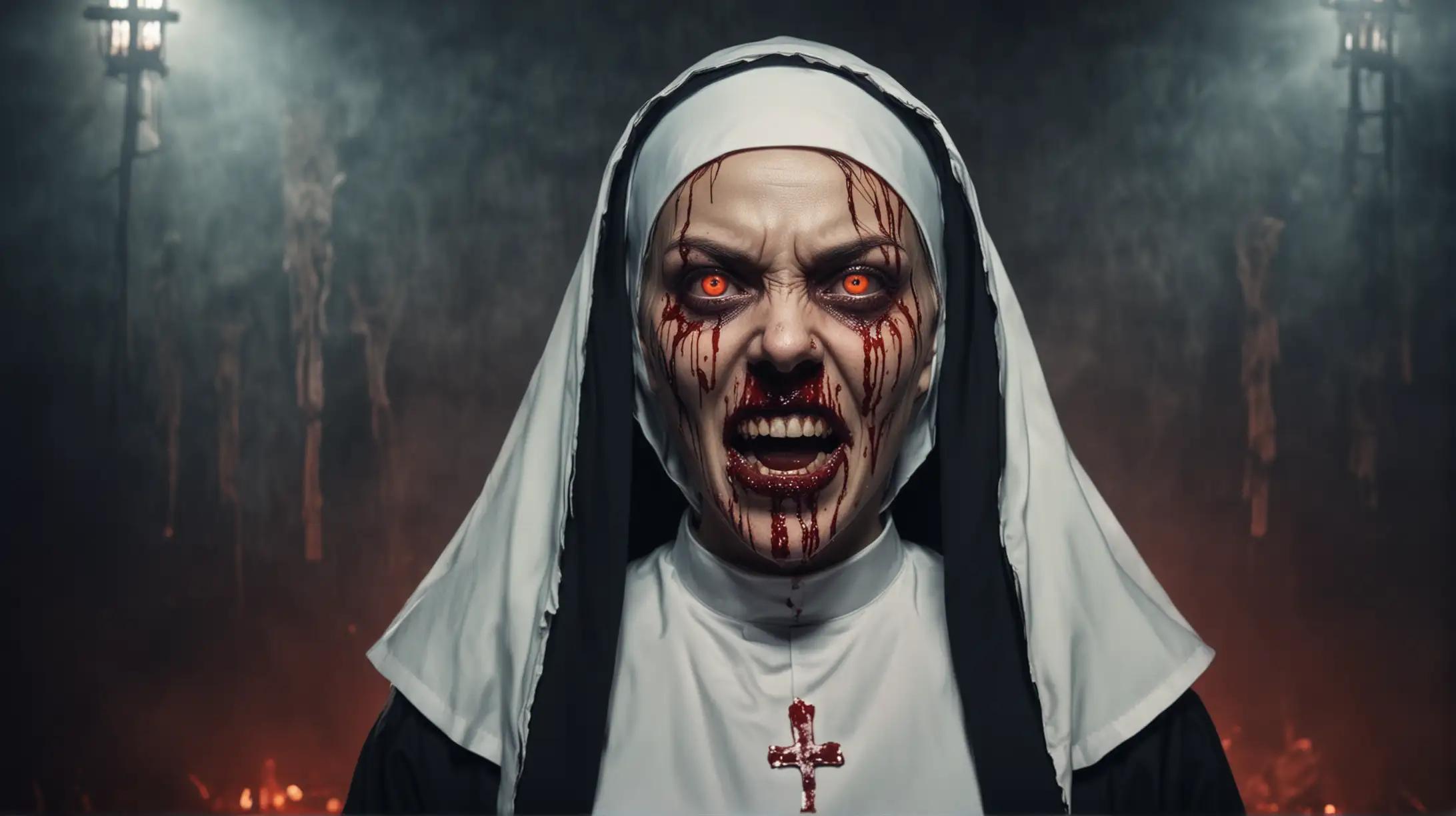 Scary Nun with Sharp Teeth and Luminous Eyes on Bloody Horror Background