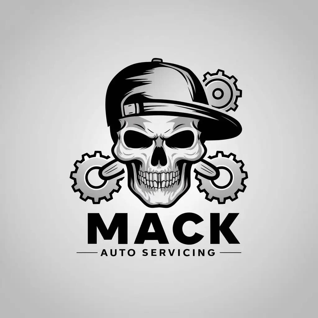 a logo design,with the text "Mack Auto Servicing", main symbol:a skull with a backwards cap on with gears and wrenches,Moderate,be used in Automotive industry,clear background