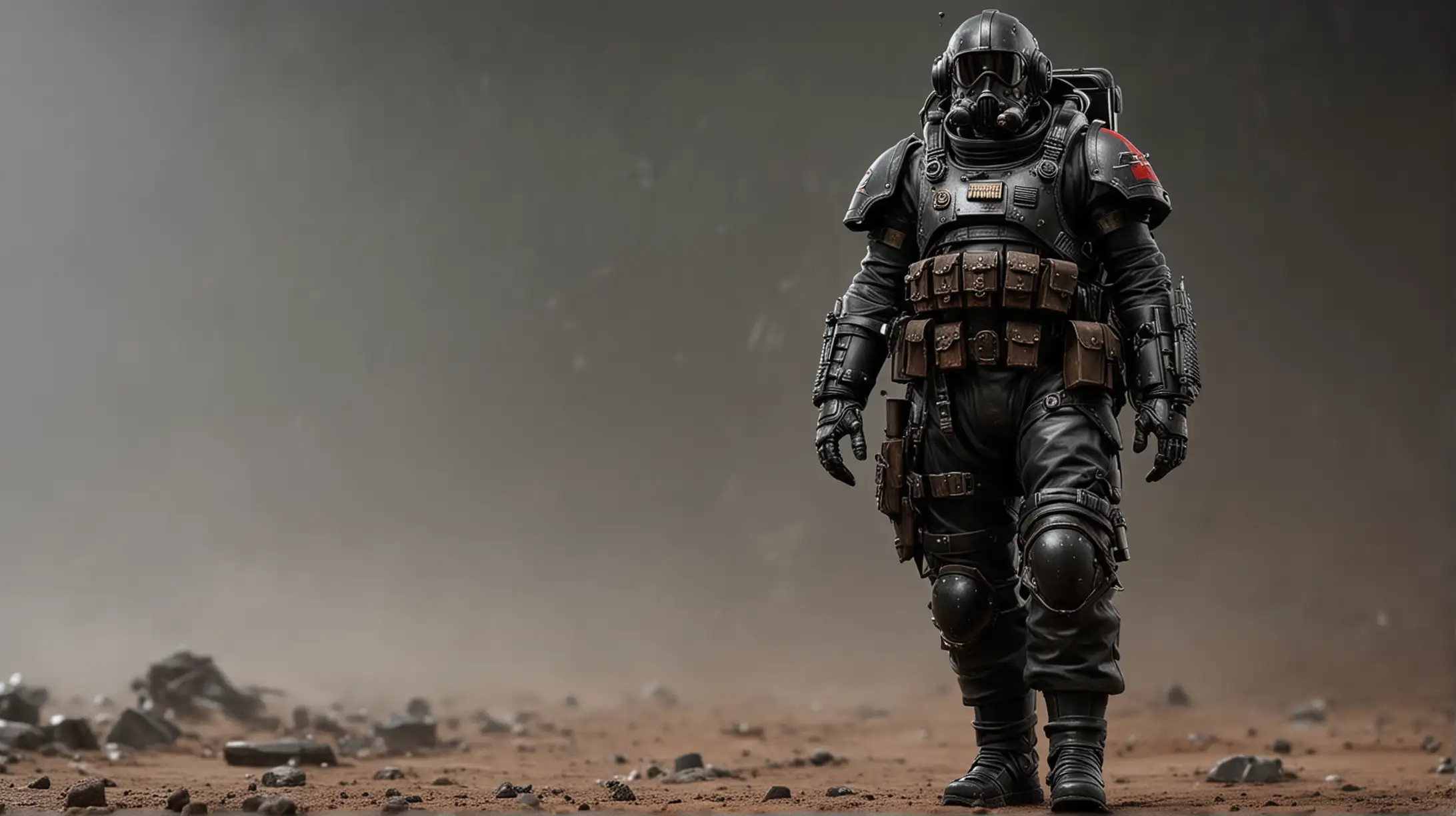 A warhammer 40k imperial guard soldier in a closed environment suit. Air tank backpack. Black, tight. Chemical protection suit.