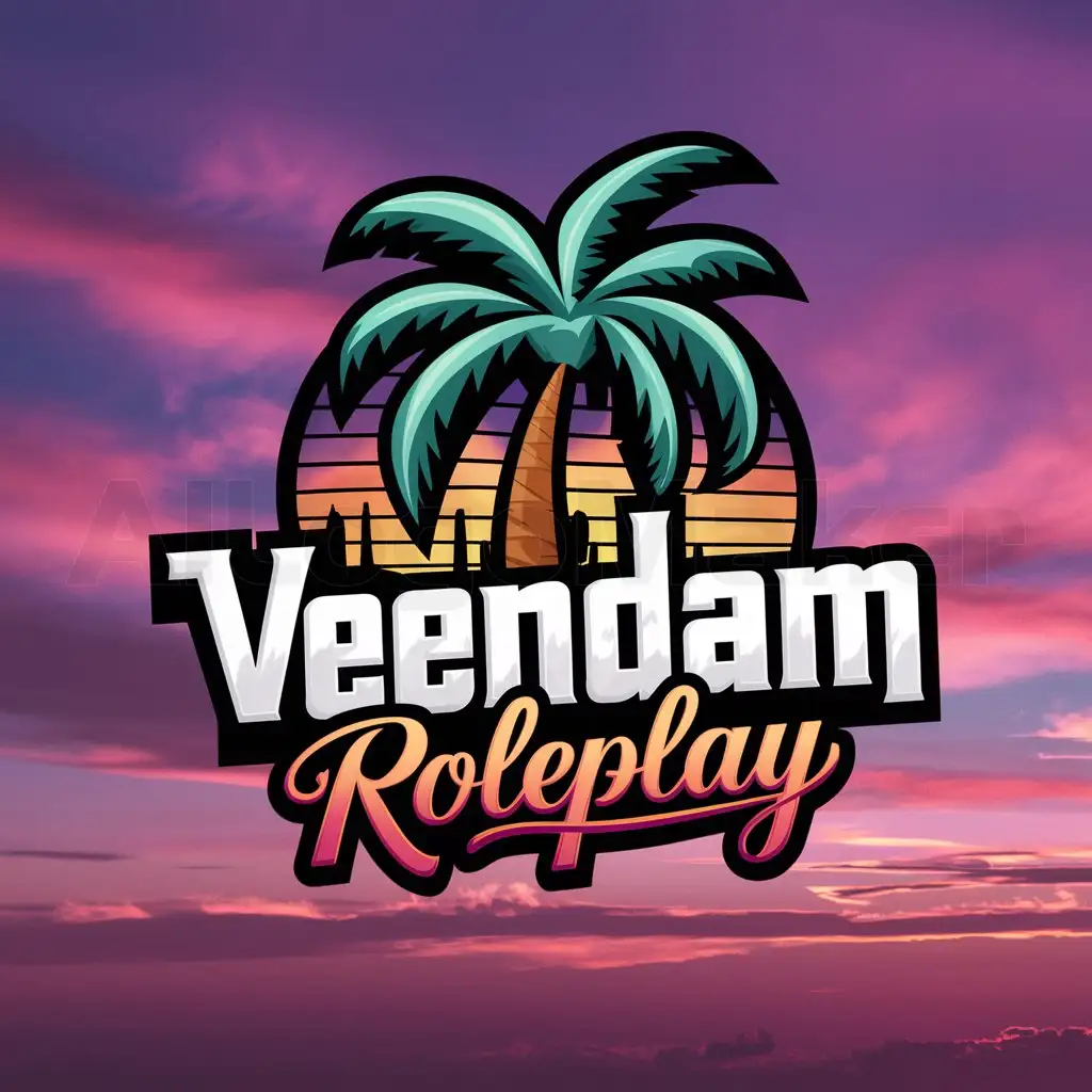 a logo design,with the text "Veendam Roleplay", main symbol:palm tree and downtown miami, purple and pink color matching sunset background, and more classic font gta vice city style roleplay fivem colorful text,complex,clear background