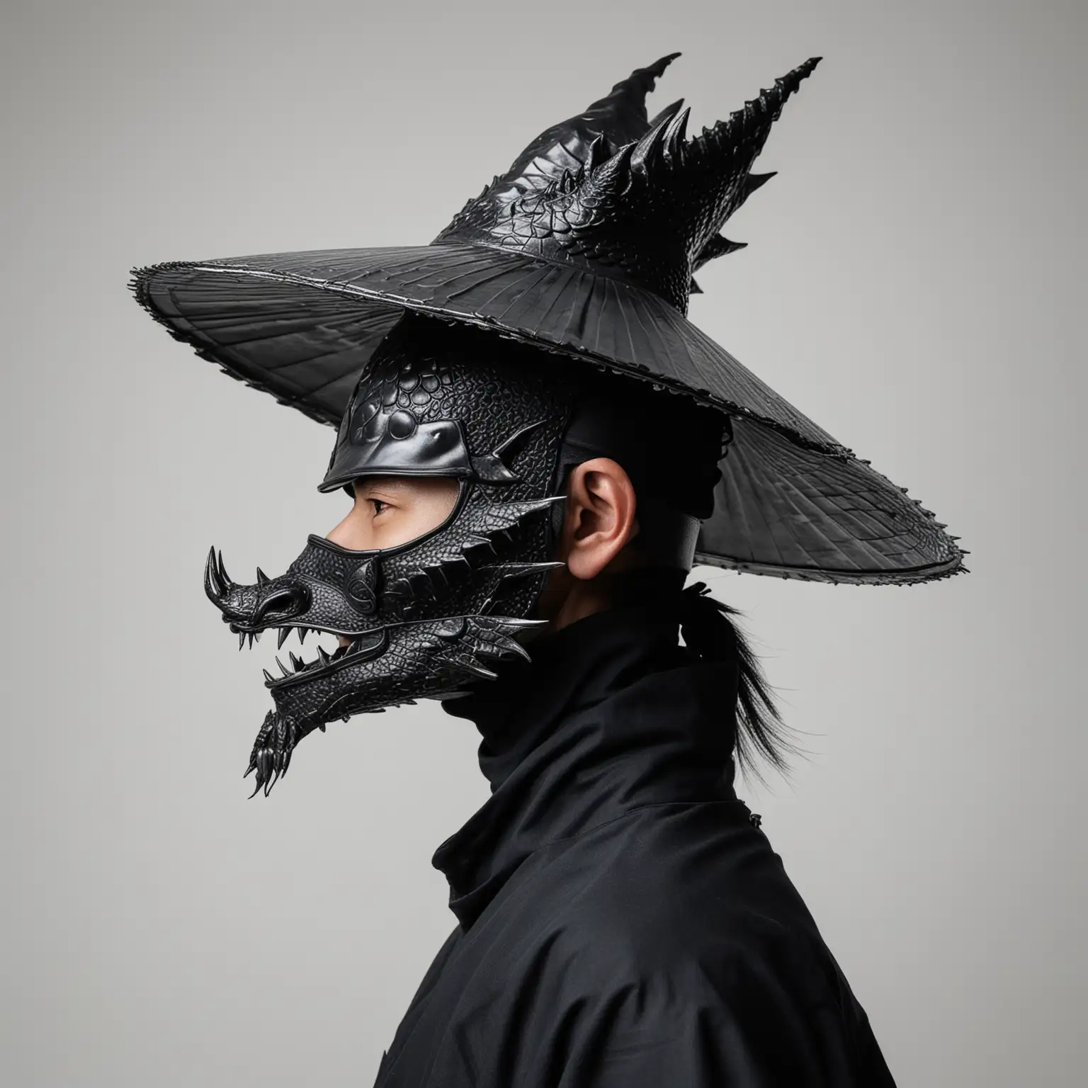 Portrait photograph, side-profile view, side view, Japanese man, black metal conical hat, metal dragon-ninja mask, black turtleneck, white background