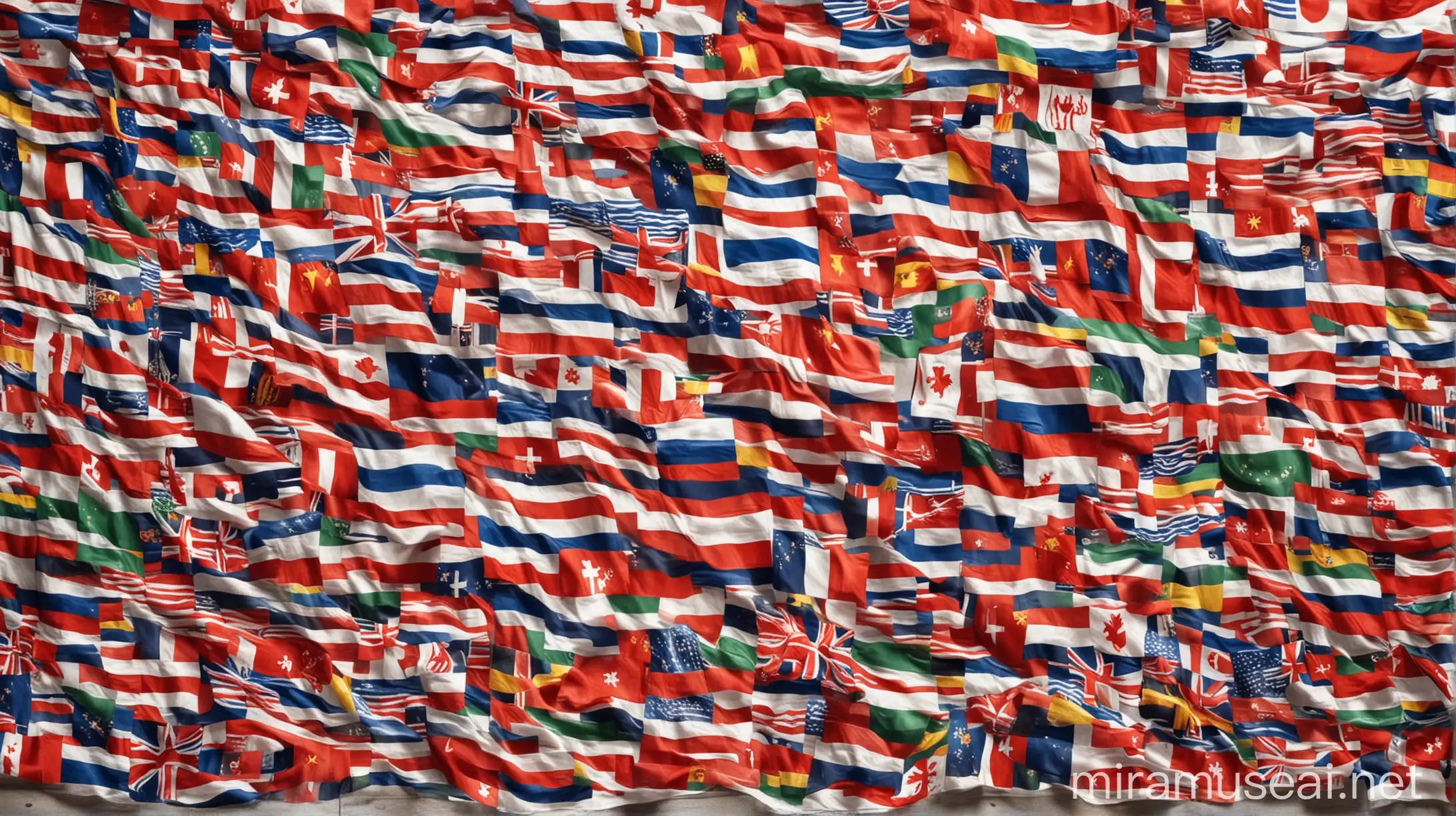 A full background image of a waving fabric with several fabric with several major national flags on it