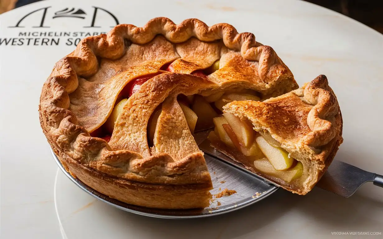 A Viennese apple pie on a Michelin-starred Western square table, Moist, a food photography, product photograph, Canon 5D4 with a 100mm lens, Aperture F / 2.8, ISO 100, Shutter Speed 1/ 125, mouthwatering and enticing presentation, Very real colors and comfortable light.