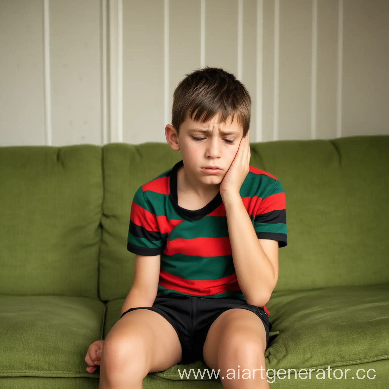 Реальная фотография. Мальчик сидит в комнате  на зелёном диване в комнате и держится за щёку. У него болит зуб. Мальчику 10 лет, он грустный.  На нём красно-чёрная полосатая футболка и белые шорты