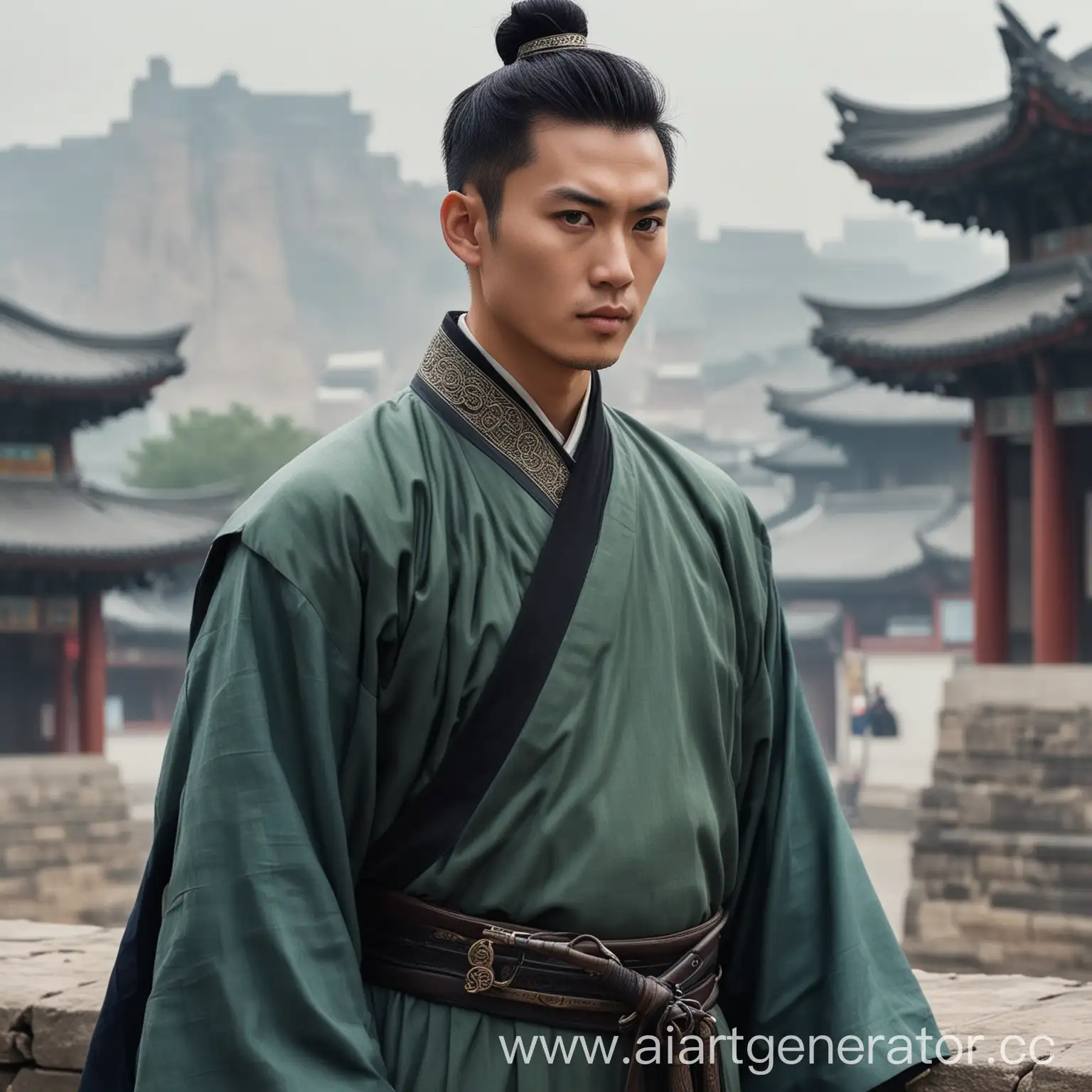Realistic, tall chinese man, clean shaven, standing, green eyes, defined jawline, furrowed brows, black hair in topknot held by a silver hairpin, blue cloak with high collar, white turtleneck, wide belt with a sword in black scabbard, boots, ancient Chinese city background