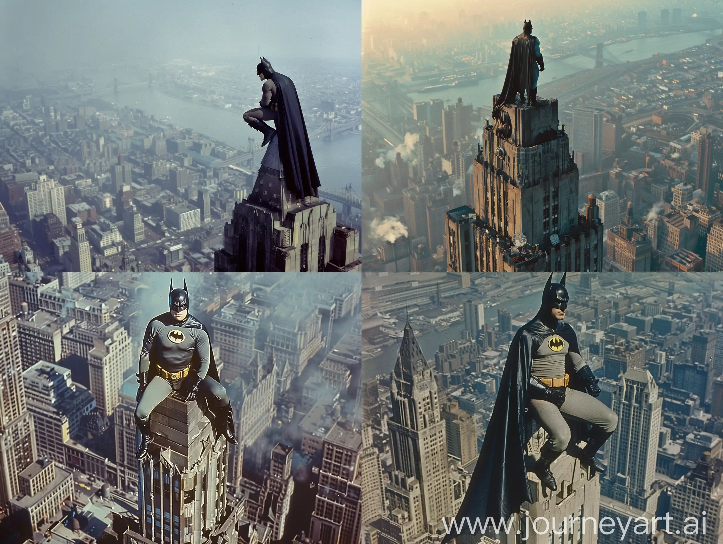 batman ,standing atop a Gotham City skyscraper, looking out over the city,1950's superpanavision 70 ,colory image